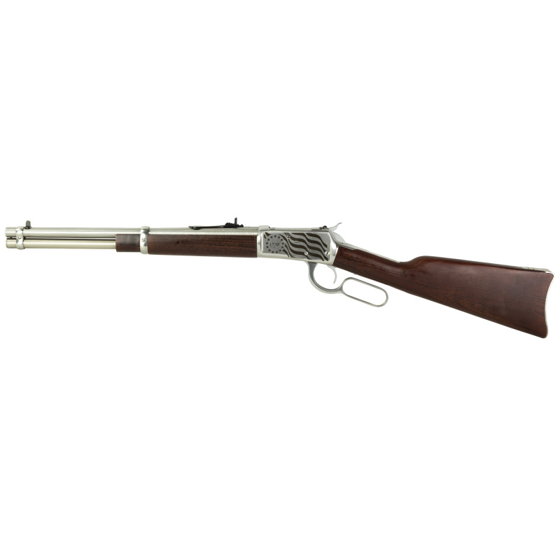 R92, Lever Action, 44 Magnum, 16" Round Barrel, Stainless Steel, Silver, Engraved US Flag on Receiver, Wood Furniture, Adjustable Sights, 8 Rounds 920441693-EN1