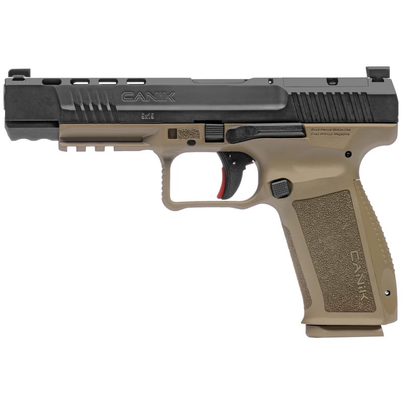 TP9, METE SFx, Striker Fired, Semi-automatic, Polymer Frame Pistol, Full Size, 9MM, 5.2" Barrel, Black Slide, Tan Frame, 3 Dot White Sights, Flared Magwell, Holster Fit and Lock, Optic Ready, 2 Magazines, (1)-18 Round and (1)-20 Round HG5635-N