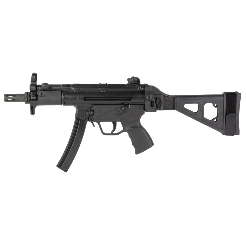 AP5-P, Semi-automatic Pistol, 9MM, 5.8" Barrel, Threaded 1/2X28, Matte Finish, Black, Adjustable Rear and Fixed Front Sight, Polymer Grips, Pistol Stabilizing Brace, Manual Safety, 30 Rounds, 2 Magazines, Includes Sling, Cleaning Kit, Picatinny Rail and