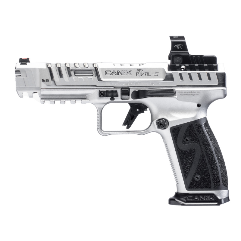 SFX Rival-S, Striker Fire, Semi-automatic, Steel Frame Pistol, Full Size, 9MM, 5" Barrel, Chrome Finish, MeCanik MO2 Red Dot Sight, Fiber Optic Front Sight, Co-Witness Sights, 18 Rounds, 2 Magazines, Includes Competition Holster, (5) Optic Plates, (3) Si