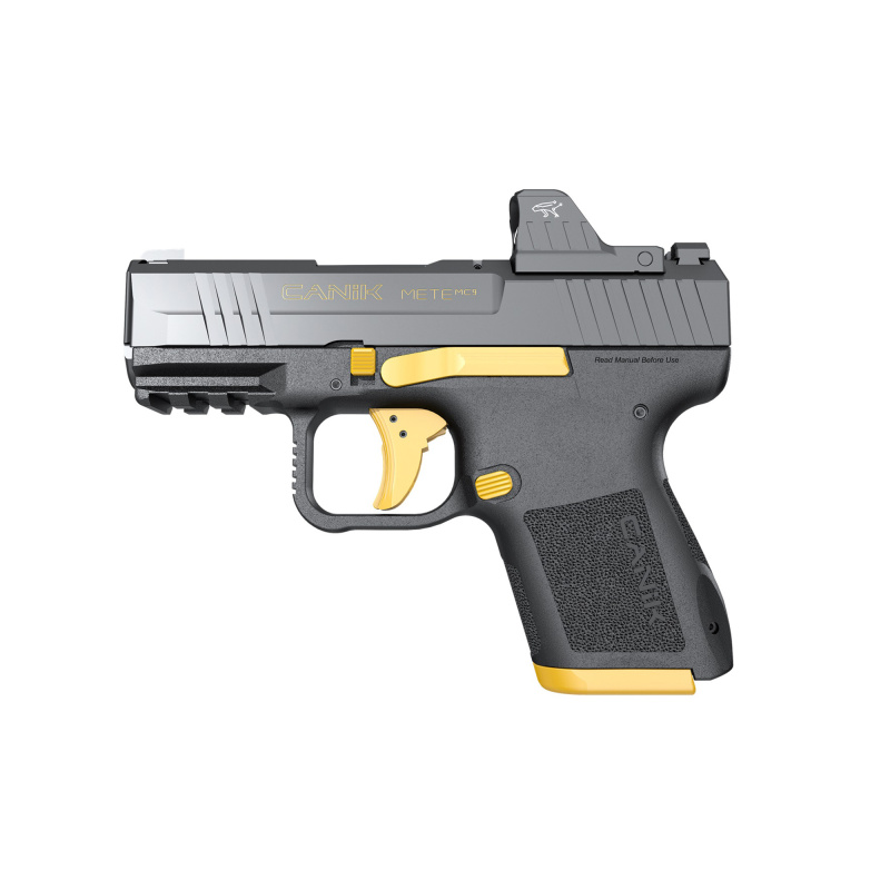METE MC9, Semi-automatic, Striker Fired, Poylmer Frame Pistol, Micro Compact, 9MM, 3.18" Barrel, Matte Finish, Black With Gold Accents, Optic Ready, 2 Magazines, (1)-12 Round, (1)-15 Round, Includes 3 Grip Back Straps, Magazine Loader, Custome Holster, C