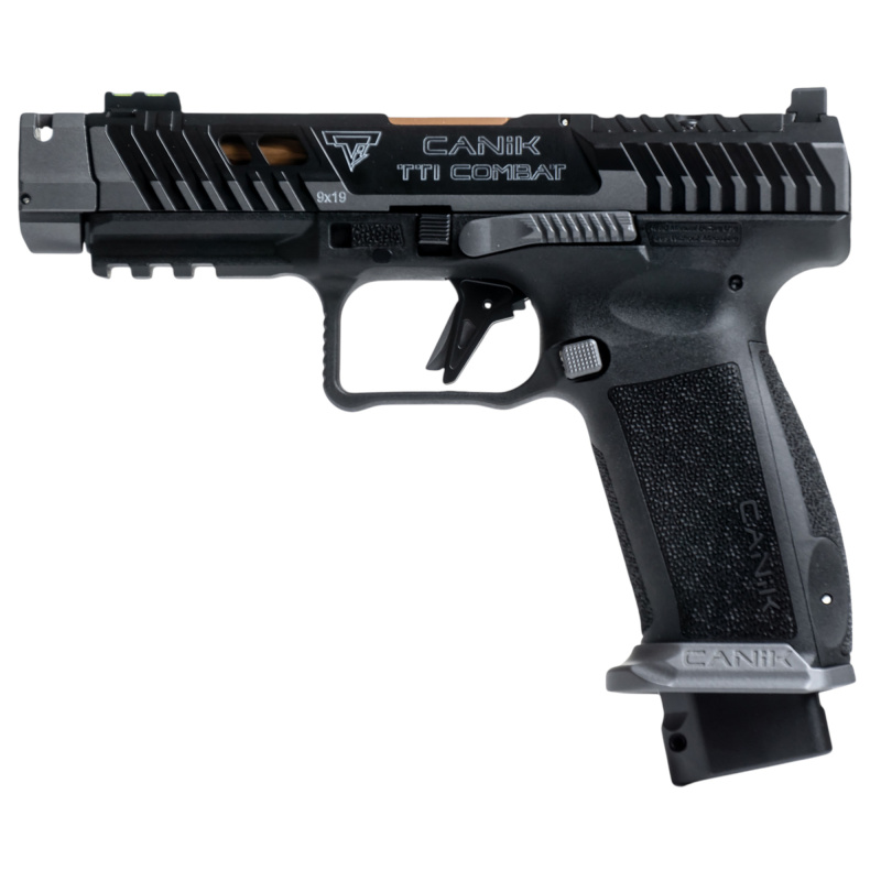 TTI Combat, Striker Fired, Semi-automatic, Polymer Framed Pistol, Full Size, 9MM, 4.6" Fluted Barrel, Quick Detach Canik Compensator, Cerakote Finish, Smoke, 3-Dot Sights, Holster, Punch and Toolkit, Cleaning Kit, Hard Case, 18 Rounds, 2 Magazines HG7854