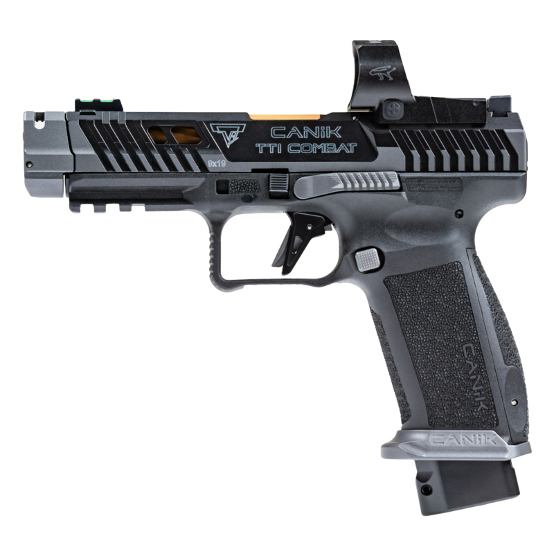 TTI Combat, Striker Fired, Semi-automatic, Polymer Framed Pistol, Full Size, 9mm, 4.6" Fluted Barrel, Quick Detach Canik Compensator, Cerakote Finish, Smoke, 3-Dot Sights, MeCanik MO3 Optic, Holster, Punch and Toolkit, Cleaning Kit, Hard Case, 18 Rounds,