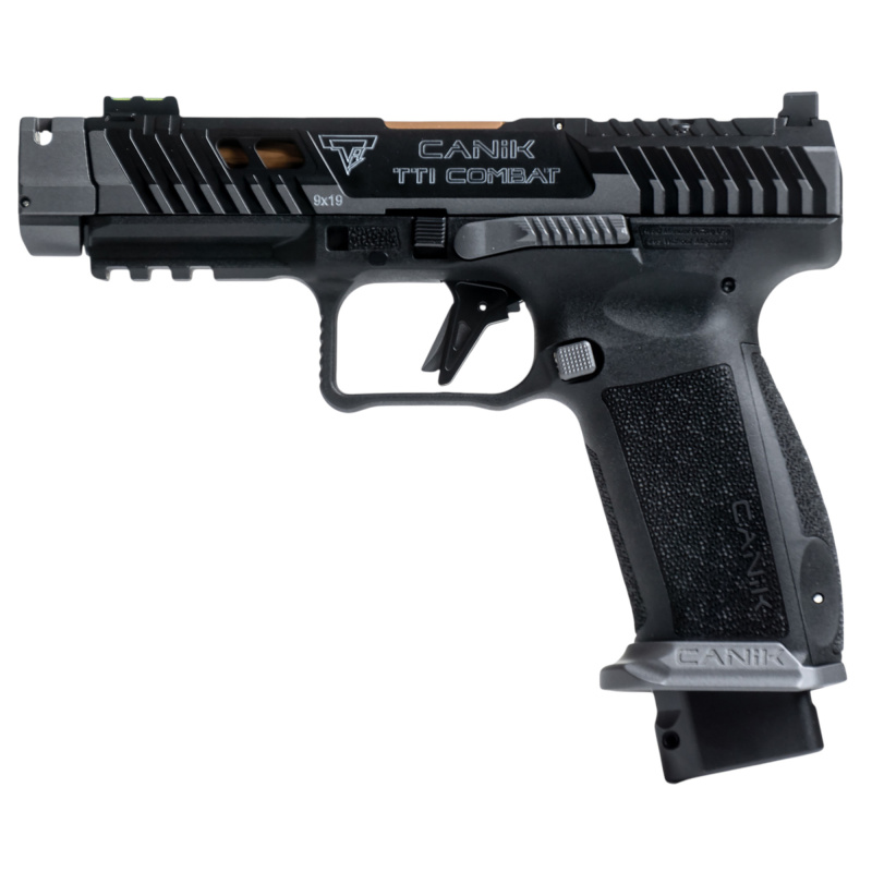 TTI Combat, Striker Fired, Semi-automatic, Polymer Framed Pistol, Full Size, 9mm, 4.6" Fluted Barrel, Quick Detach Canik Compensator, Cerakote Finish, Smoke, 3-Dot Sights, Holster, Punch and Toolkit, Cleaning Kit, Hard Case, 10 Rounds, 2 Magazines HG7864