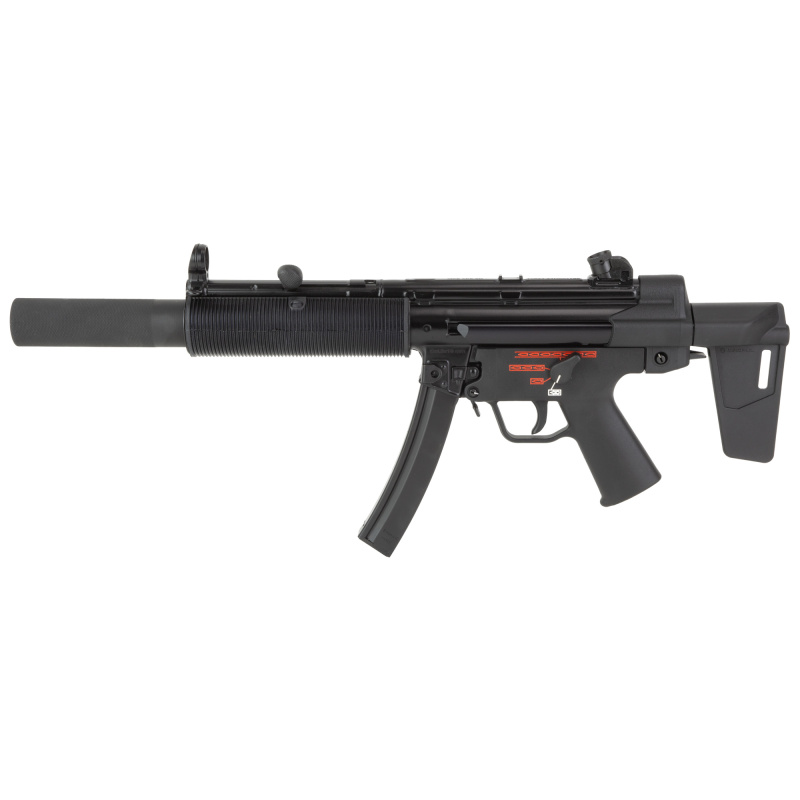 AP5-SD, Semi-automatic Pistol, 9MM, 5.75" 3 Lug Barrel, 1/2X28 Thread Pitch, Manganese Phosphate Finish, Black, Navy Style Grip, Magpul MP BSL Brace, Removeable Faux Suppressor, Manual Safety, Fixed Front & Adjustable Rear Sight, 30 Rounds, 2 Magazines,