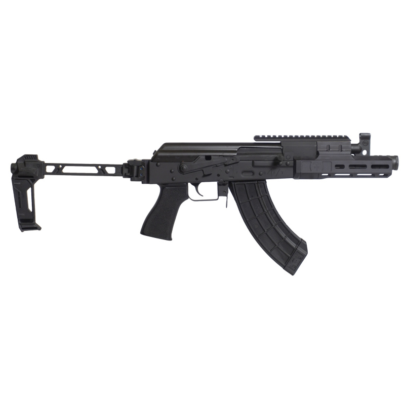 Tactical Draco, Semi-automatic, AK Style Pistol, Steel Frame, Full Size, 7.62X39, 7.5" Barrel, Anodized Finish, Black Linear Compensator, Polymer Grip, Strike Industries Bi-Folding Pistol Brace, Integrated Rear Sight, Adjustable Front Sight, Manual Safet