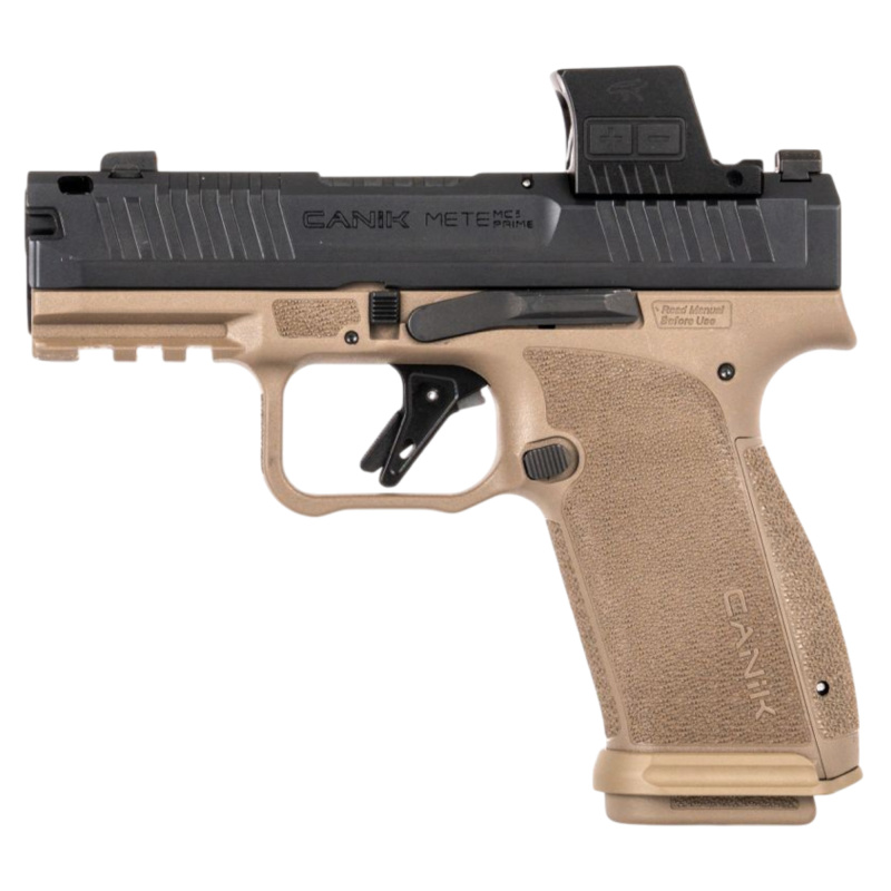METE MC9 Prime, Semi-automatic, Striker Fired, Polymer Frame Pistol, Compact, 9MM, 3.6" Barrel, Compensated Slide and Barrel with Blast Chamber, Night Fision Tritium Sights, Optics Ready, Matte Finish, Flat Dark Earth Frame, Black Slide, 17 Rounds, 2 Mag