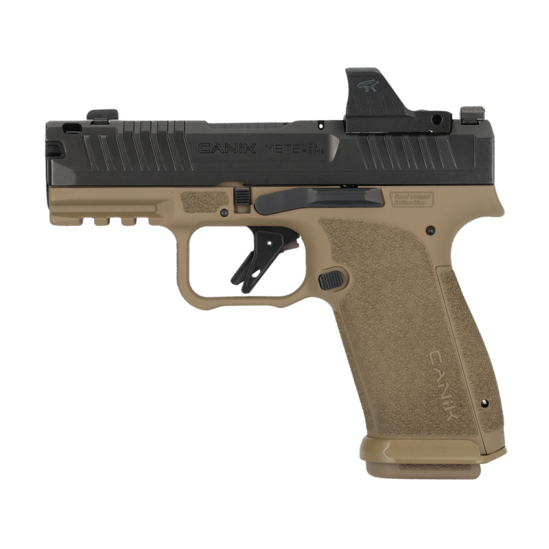 METE MC9 Prime, Semi-automatic, Striker Fired, Sub-compact, Polymer Frame Pistol, 9MM, 3.64" Barrel, Compensated Slide and Barrel with Blast Chamber, Flat Dark Earth Frame, Black Slide, Night Sights, 17 Rounds, 2 Magazines, Includes MO1 Optic HG8658BDV-N