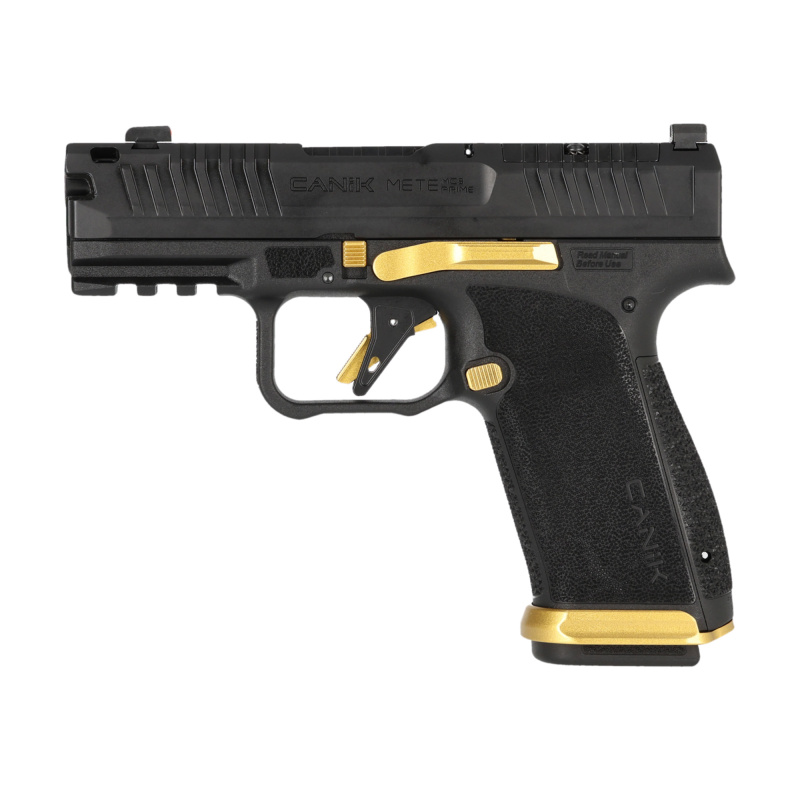 METE MC9 Prime, Semi-automatic, Striker Fired, Compact, 9MM, 3.64" Barrel with Compensated Slide andBarrel with Blast Chamber, Matte Finish, Black wi th Gold Cerakote Accents, Tritium Night Sights, Optic Ready with Shield RMSc Footprint, 17 Rounds, 2Maga