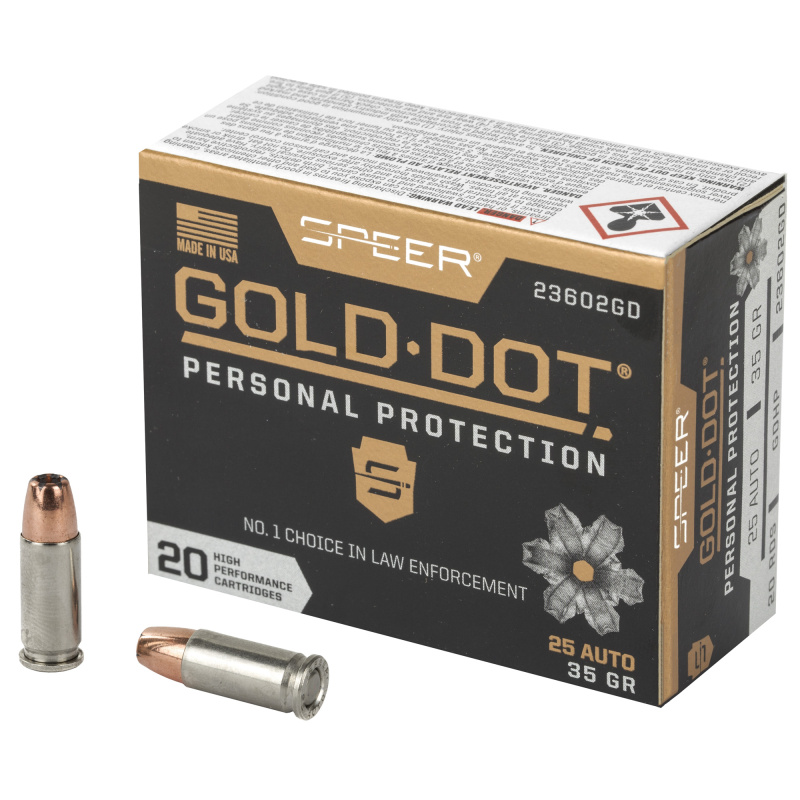 Speer Gold Dot, Personal Protection, 25ACP, 35 Grain, Hollow Point, 20 Round Box 23602GD