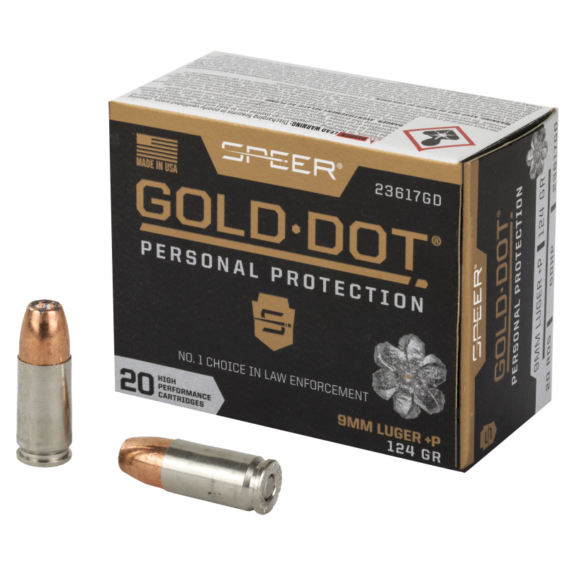 Speer Gold Dot, Personal Protection, 9MM, 124 Grain, Hollow Point, +P, 20 Round Box 23617GD