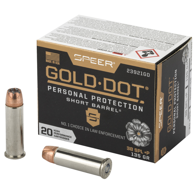 Speer Gold Dot, Personal Protection, 38 Special, 135 Grain, Hollow Point, +P, 20 Round Box 23921GD