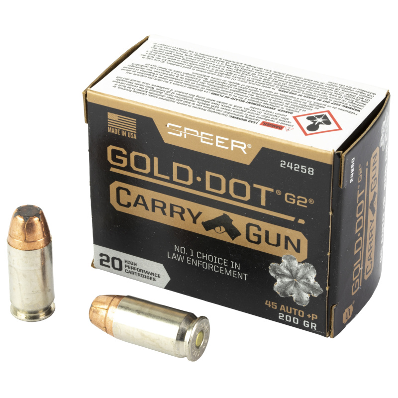 Speer Gold Dot Carry Gun |45 ACP, 200Gr, Gold Dot G2 Hollow Point for Compact Pistols, 20 Round Box 24258