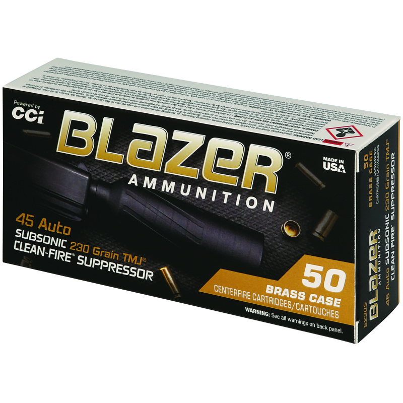 Blazer, 45 ACP, 230 Grain, Subsonic, Total Metal Jacket, Clean-Fire for Suppressor Use, 50 Rounds per Box 5230S