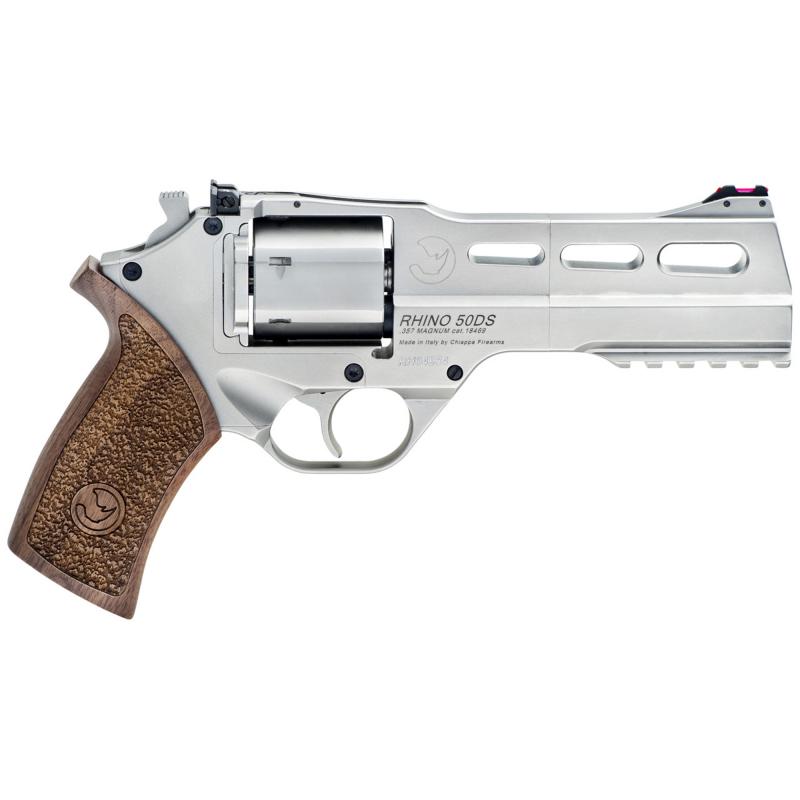 Rhino 50DS, Revolver, Double/Single Action, 357 Magnum/38 Special, 5" Barrel, Alloy Frame, Walnut Grips, 6Rd, Chrome Finish, 3 Moon Clips, Adjustable Rear Sight and Fiber Optic Front 340-223
