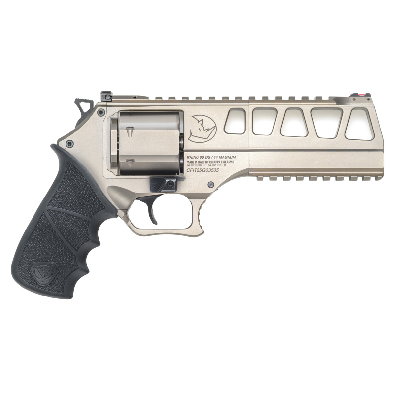 Rhino L Frame 60DS Revolver, Double Action/Single Action, 44 Remington Magnum, 6" Barrel, Aluminum Frame, Nickel Finish, White, Hogue Rubber Grips, Fiber Optic Front Sight, Adjustable Rear Sight, 6 Rounds, 3 Moon Clips 340.351