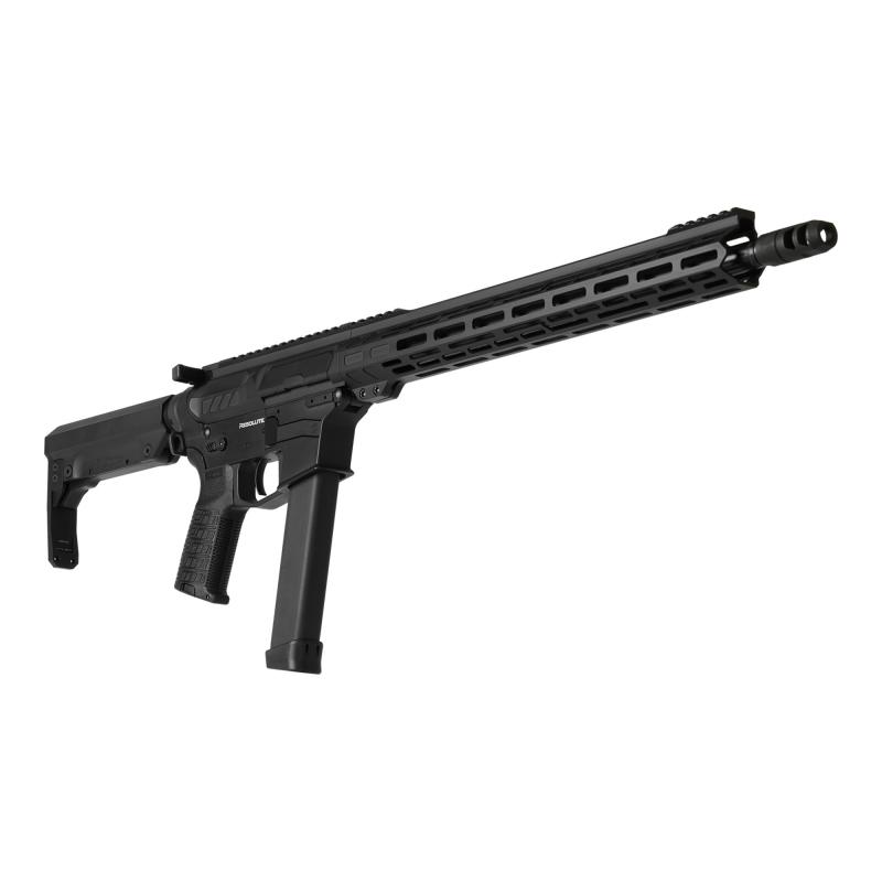 Resolute MKGs, Semi-automatic Rifle, 9MM, 16.1" Barrel, Threaded 1/2x28, ZEREOED Muzzle Brake, Cerakote Finish, Armor Black, 15" Free Float M-LOK Handguard, ZEROED Polymer Grip, CMMG Ripstock, Manual Safety, 30 Rounds, 1 Magazine, Accepts GLOCK Pattern M