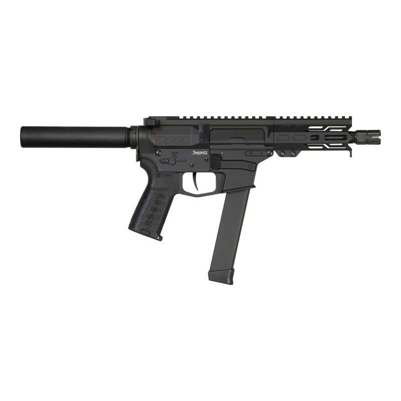 Banshee MKGs, Semi-automatic Pistol, 9MM, 8" Threaded Barrel, 1/2x28, CMMG Zeroed Linear Compensator, Cerakote Finish, Armor Black, M-LOK Handguard, CMMG Zeroed Polymer Grip, Pistol Tube, Manual Safety, 33 Rounds, 1 Magazine, Accepts GLOCK Pattern Magazi