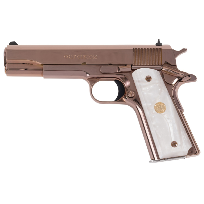 Government, Talo Edition, 1911, Semi-automatic, Metal Frame Pistol, Full Size, 38 Super, 5" Barrel, Bright Steel, Rose Gold, White Dot Sights, Grip and Thumb Safety, 7 Rounds, 1 Magazine O1073BSTS-RG