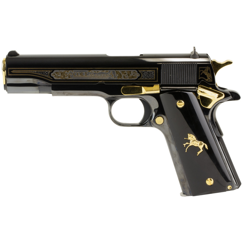 1911C, TALO, Semi-automatic, 1911, Full Size, 38 Super, 5" Barrel, Blued Finish, Steel Construction, 9 Rounds, 1 Magazine, 1 of 500, High Polished Slide and Frame, Gold Inlay and Accents, Black Kirinite Grips with Gold Pony, Mexican Influenced Slide Engr