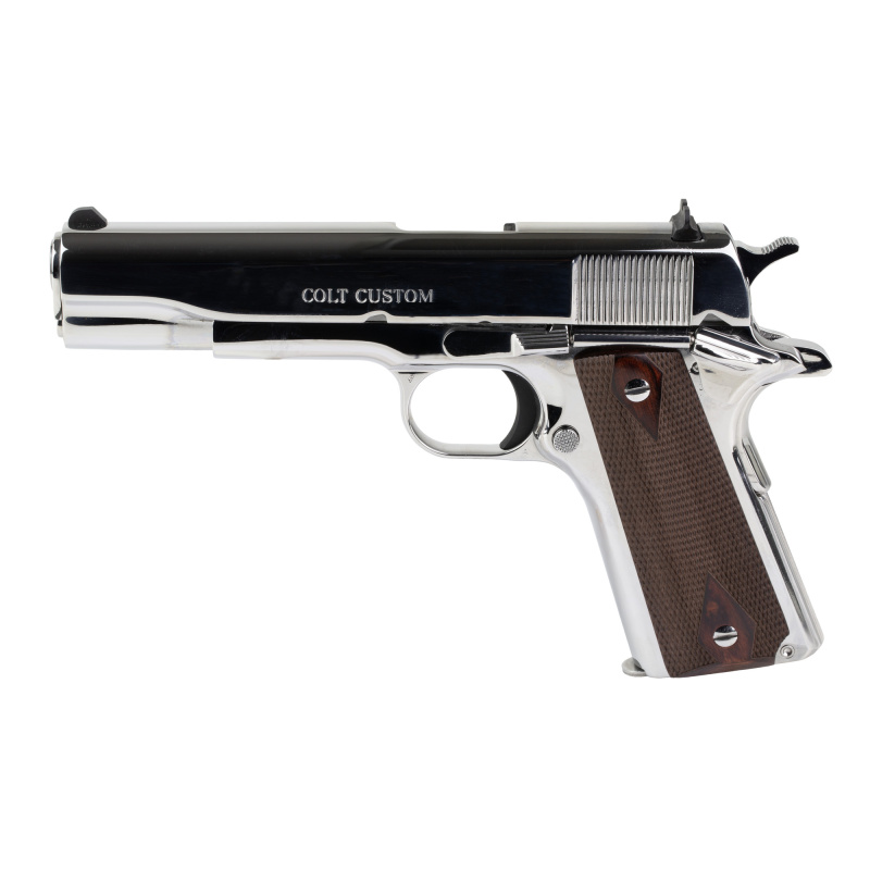 Government, 1911, Semi-automatic, Metal Frame Pistol, Full Size, 38 Super, 5" Barrel, Bright Stainless Steel Finish, Silver, Rosewood Checkered Grips, Fix Sights, 9 Rounds, 1 Magazine O1911C-BS38