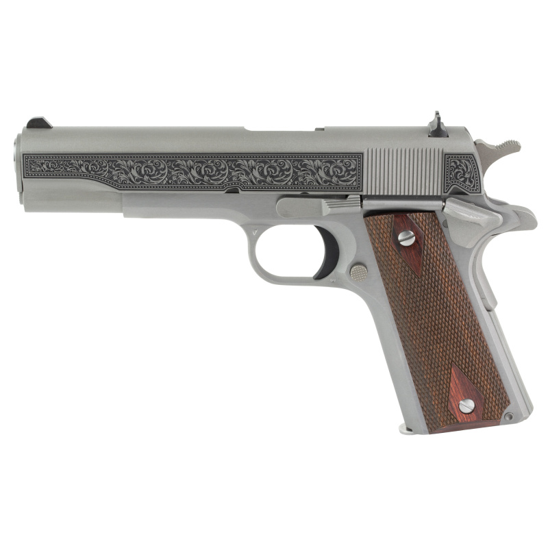 Government Model, 1911 Classic, Semi-automatic, Metal Frame Pistol, Full Size, 45ACP, 5" Barrel, Steel Construction, Stainless Finish, Filigree/Engraving, 7 Rounds, 1 Magazine O1911C-SS
