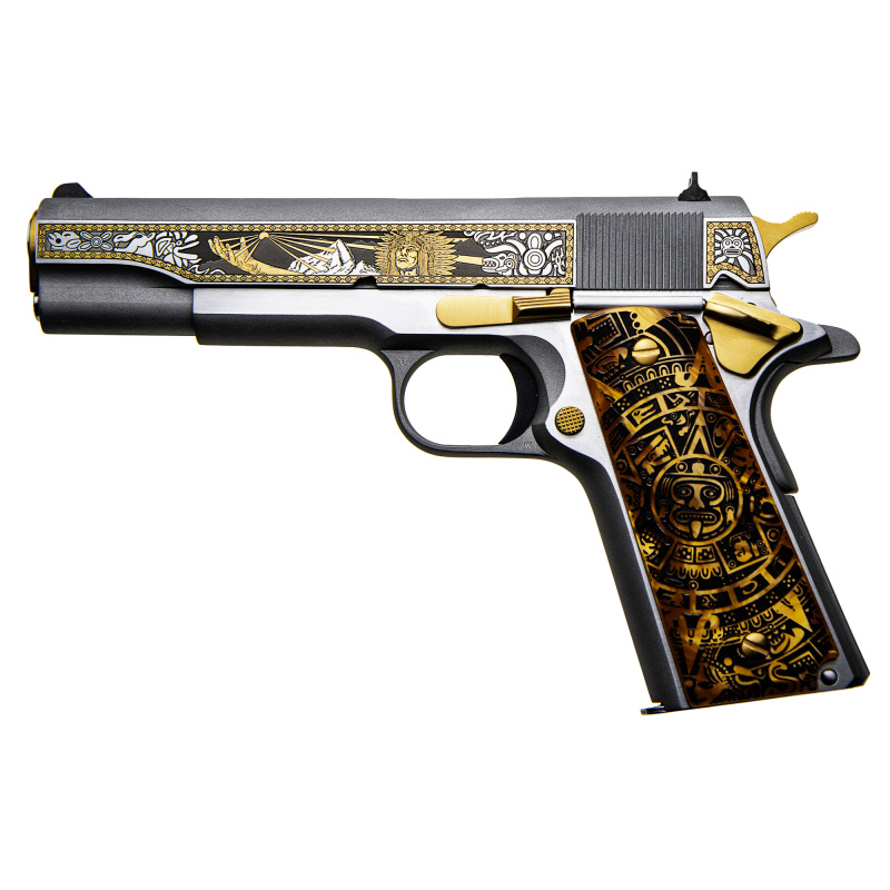 Government Model, TALO Exclusive, 1911 Classic Inti Sun God, Semi-automatic, Metal Frame Pistol, Full Size, 38 Super, 5" Barrel, Stainless Finish, Bright Brush And Bead Blasted, Multi-level Engraved Slide Sides, Selective Gold Plating On Slide, Gold Plat