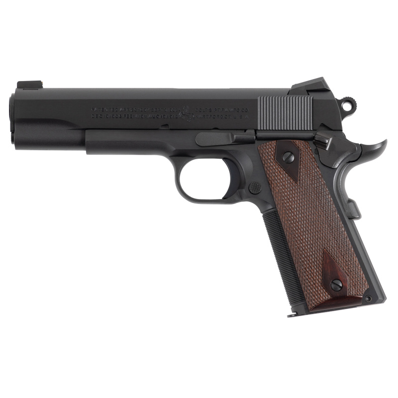 Government Model 1911C, Semi-automatic, Metal Frame Pistol, Full Size, 45ACP, 5" Barrel, Steel, Blued Finish, 7 Rounds, 1 Magazine, 25 LPI Checkered Front Strap, Checkered Slide Stop, Commander Hammer, Carbon Stell Mainspring Housing With Vertical Serrat