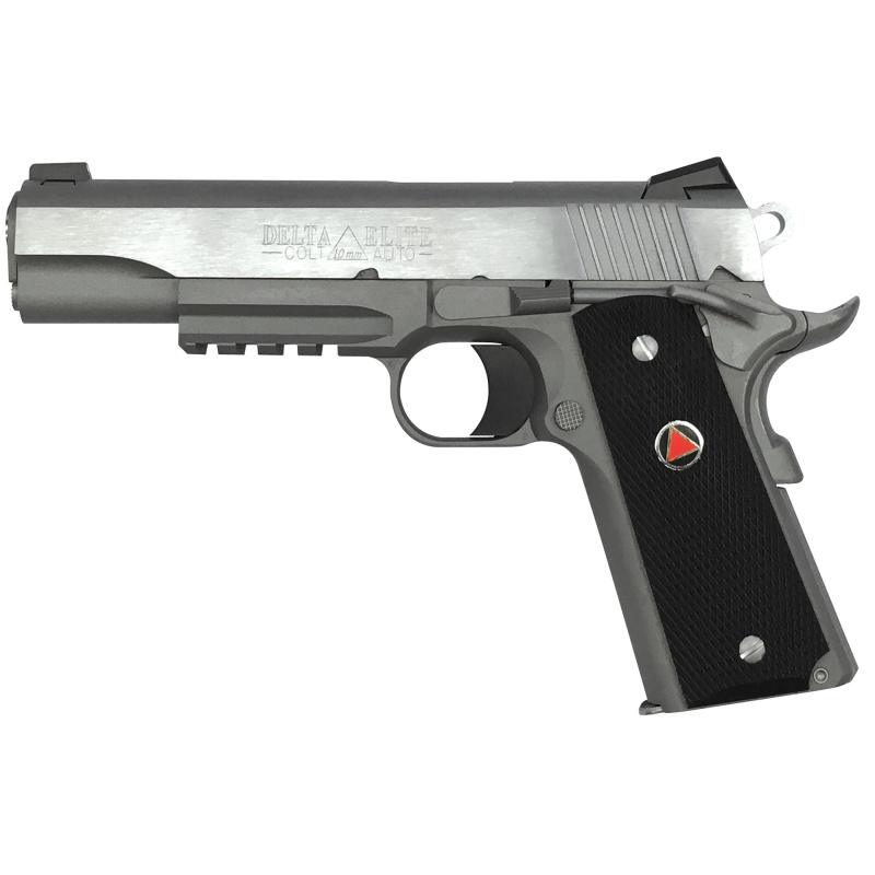 Government Delta Elite Rail 10mm 5 Inch Barrel Stainless Steel Frame and Slide with Brushed Finish Novak Sights Black Checkered Composite Grips With Delta Medallions 8 Round
