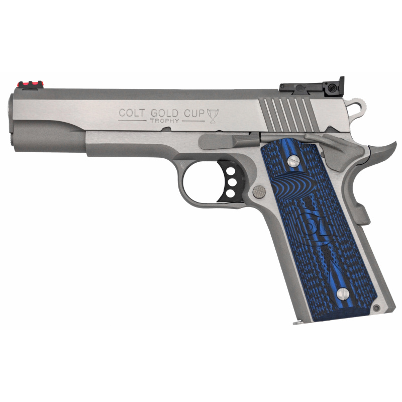 Gold Cup Lite, Semi-automatic, 1911, Full Size, 45 ACP, 5" Barrel, Stainless Steel Frame, Brushed Stainless Steel Finish, G10 Grips, 8Rd, 1 Magazine, Upswept Beavertail Grip Safety, Right Hand, Thumb Safety, Fiber Optic Front & Adjustable Rear Sights O50
