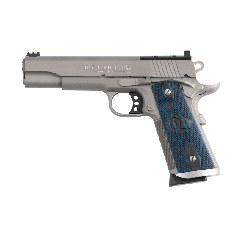 Gold Cup Trophy, 1911, Semi-automatic, Steel Frame Pistol, 45ACP, 5" Barrel, Polished, Silver, Blue G10 Grips, Black Serrated Rear Sight, Novak Night Front Sight, Optic Ready, Manual Safety, 8 Rounds, 1 Magazine O5070XE-OR