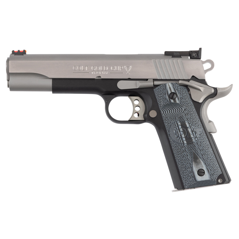 Gold Cup, Semi-automatic, Metal Frame Pistol, Full Size, 38 Super, 5" Barrel, Carbon Steel, Blued Polished Finish, G10 Diamond Checkered Gray with Scallops Grips, Fiberoptic Front and Adjustable Rear Sights, 9 Round, 1 Magazine O5973GCL-TT