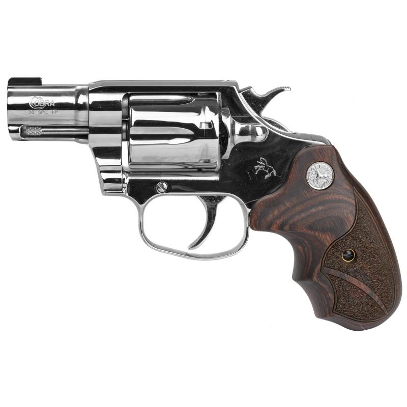 Bright Cobra, Revolver, Double Action/Single Action, 38 Special +P, 2" Barrel, Steel Frame, Stainless Steel Finish, Wood Medallion Grips, 6Rd, Right Hand, Brass Bead Front Sight, Frame Trench Rear Sight COBRA-SS2BB