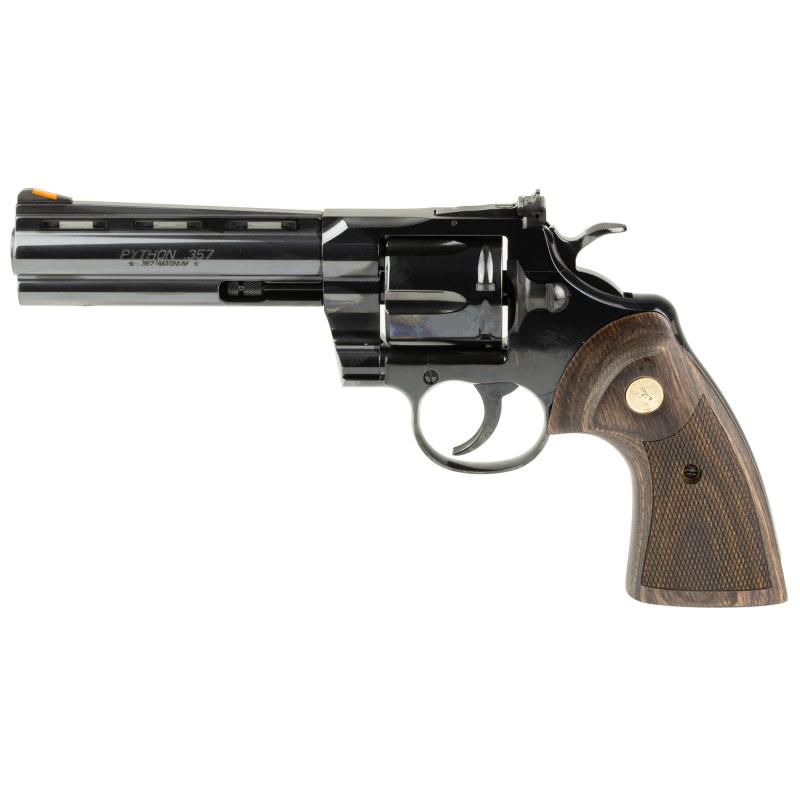 Python, Revolver, Double Action, 357 Magnum, 5" Barrel, Blued Finish, Black, Blade Front/Adjustable Rear Sight, Wood Grips, 6 Rounds PYTHON-BP5WTS