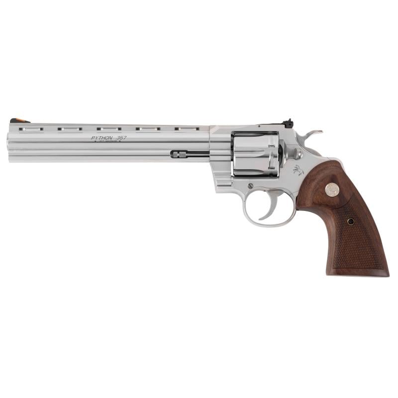Python, Double Action, Steel Frame Revolver, 357 Magnum/38 Special, 8" Barrel, Stainless Steel, Bead Blast Finish, Walnut Grips, Blade Front/Adjustable Rear Sights, 6 Rounds PYTHON-SP8WTS