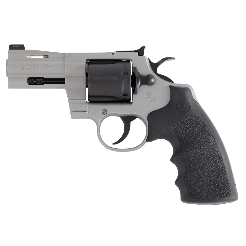 Python, Revolver, Double/Single Action, 357 Magnum, 3" Barrel, Matte Stainless Steel Finish, Silver, Black Accents, Hogue Grip, Front Night Sight, 6 Rounds PYTHON-TTM3NS