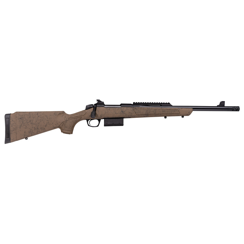 Cascade, SR-80, Bolt Action Rifle, 350 Legend, 18" Barrel, Threaded 5/8x24, Radial Muzzle Brake, Cerakote Finish, Black Barrel and Action, Flat Dark Earth with Black Webbing Stock, 4 Rounds, 1 Magazine, Includes Rear Peep Sight and Adjustable Front Sight