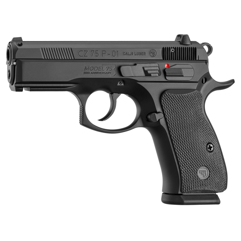 75 P-01 50th Anniversary Elite, Double Action/Single Action, Semi-automatic, Metal Frame Pistol, Compact, 9MM, 3.75" Cold Hammer Forged Barrel, Aluminum, Polycoat Finish, Black, Decocker, Rubber Grips, Fixed Sights, 10 Rounds, 2 Magazines 01297