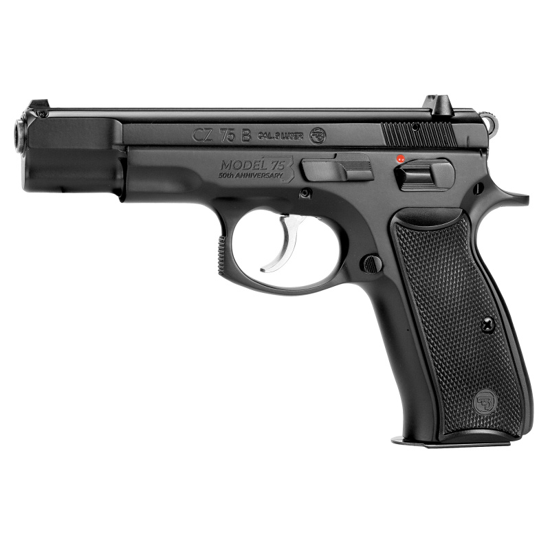 75B 50th Anniversary Elite, Double Action/Single Action, Semi-automatic, Metal Frame Pistol, Full Size, 9MM, 4.6" Cold Hammer Forged Barrel, Steel, Polycoat Finish, Black, Manual Safety, Plastic Grips, Fixed Sights, 16 Rounds, 2 Magazines 91162