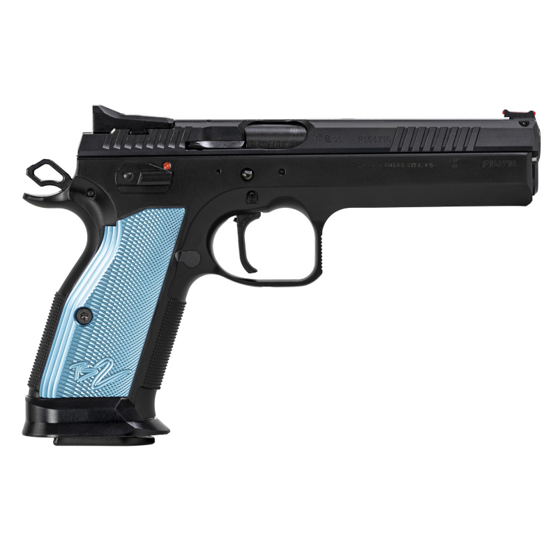 75 Tactical Sport 2, Single Action Only, Semi-automatic, Metal Frame Pistol, Full Size, 40 S&W, 5.23" Barrel, Steel, Polycoat Finish, Black, Blue Aluminum Grips, Fiber Optic Front/Fixed Rear, Ambidextrous Manual Safety, 17 Rounds 91222