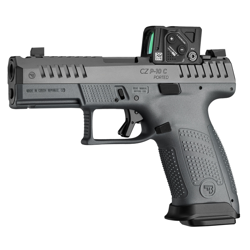 P-10 C Ported COA Elite, Semi-automatic, Striker Fired, Polymer Frame Pistol, Compact, 9MM, 4" Ported Barrel, Nitride Finish, Black Slide, Gray Frame, Magwell, Aluminum Trigger, Fixed Sights, Includes Aimpoint COA, 3 Magazines, (1) 19 Round, (1) 17 Round