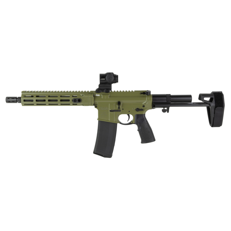 DDM4, Semi-automatic, AR Pistol, 5.56 NATO, 10.3" Cold Hammer Forged Barrel, Threaded 1/2X28, Anodized Finish, Bazooka Green, Daniel Defense Pistol Grip, Maxim PDW Brace, DD4 Flat Front 9.5" Rail, 30 Rounds, Includes Primary Optics Cyclops Gen 2 Reticle
