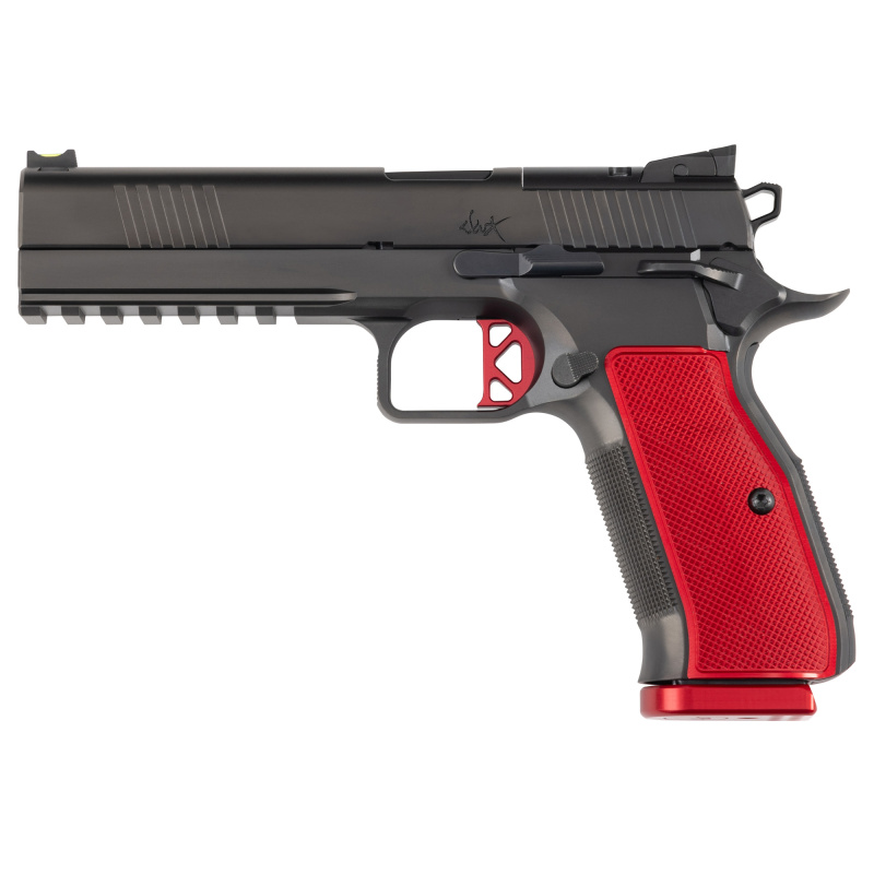 DWX Optics Ready | 9MM, 4.95" Match Grade Barrel, Black DLC Finish, Red Al Grips, Ambi Safety, Fiber Front & Adjustable Rear Sights, 10rd Magazine