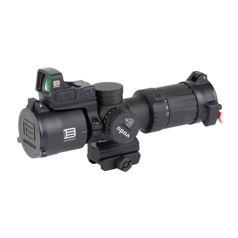 Vudu, Rifle Scope, 4-12X Magnification, 36mm Objective, First Focal Plane, Compatible with Mini-ACOG Mounts, MR5 Illuminated MRAD Reticle, Black, Includes EFLX 3 MOA Red Dot and Mount VDU4-12PKG1