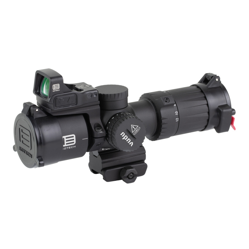 Vudu, Rifle Scope, 4-12X Magnification, 36mm Objective, First Focal Plane, Compatible with Mini-ACOG Mounts, MD5 Illuminated MRAD Reticle, Black, Includes EFLX 3 MOA Red Dot and Mount VDU4-12PKG2