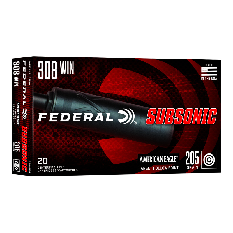 American Eagle, 308 Winchester, 205 Grain, Target Hollow Point, Subsonic, 20 Round Box 308SUB1