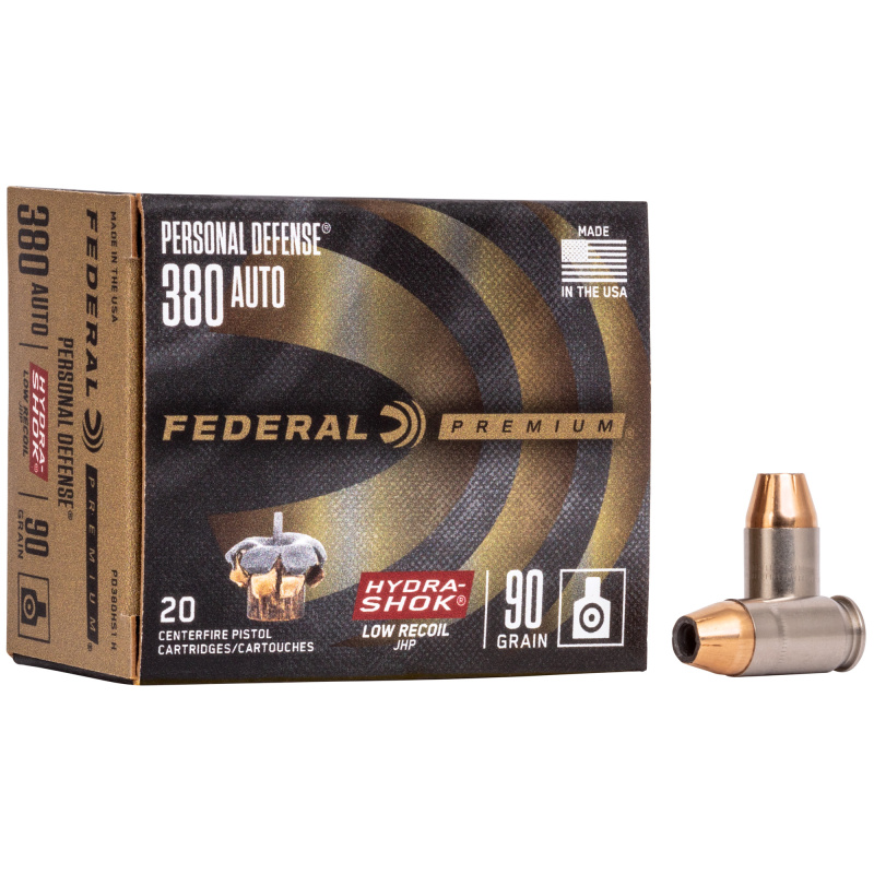 Personal Defense Low Recoil .380 ACP 90 Grain Hydra-Shok Jacketed Hollow Point