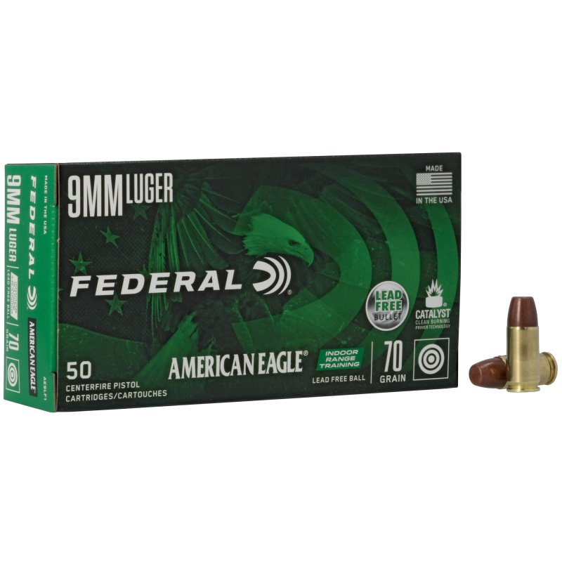 American Eagle, Indoor Range Training, 9MM, 70 Grain, Lead Free Ball, 50 Round Box AE9LF1