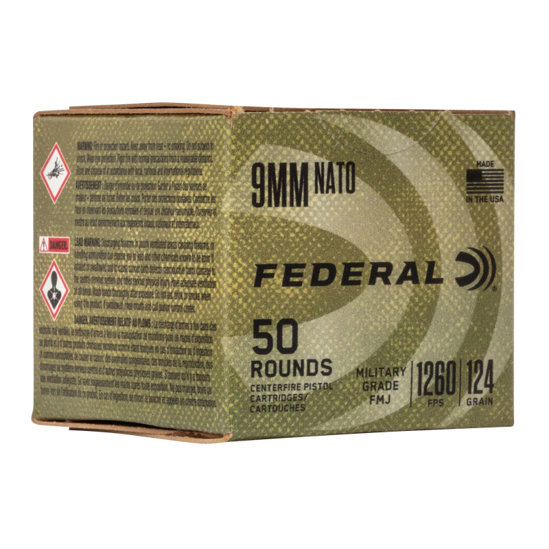 Military Grade, 9MM, 124 Grain, Full Metal Jacket, NATO Spec, 50 Round Box C9N882