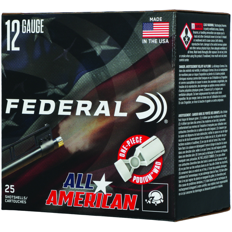 All American, 12 Gauge, 2.75", #7.5, 3 Dram, 1 1/8 oz, Lead, 25 Rounds per Box FAA12H 7.5